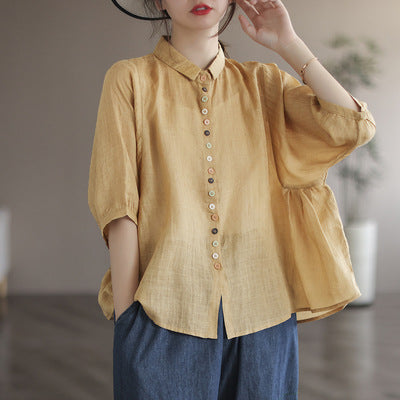 Literary Solid Color Lapel Bat Sleeve Shirt