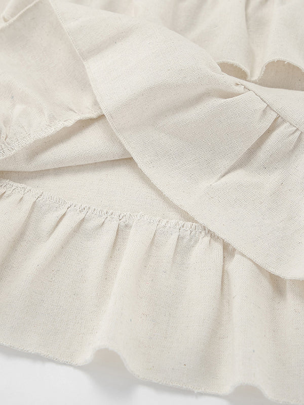 A-line Loose Ruffle Trim Solid Color Tied Zipper Spaghetti-Neck Mini Dresses