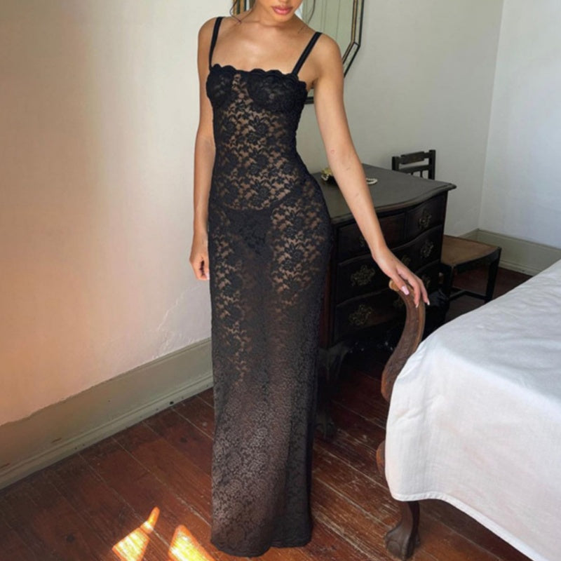 Lace Bustier Slit Slip Maxi Dress