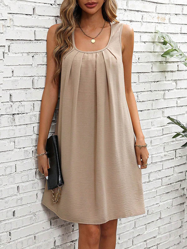 A-Line Loose Pleated Solid Color U-Neck Mini Dresses