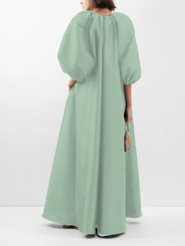 V-Neck Solid Color Puffy Sleeves Loose Maxi Dress