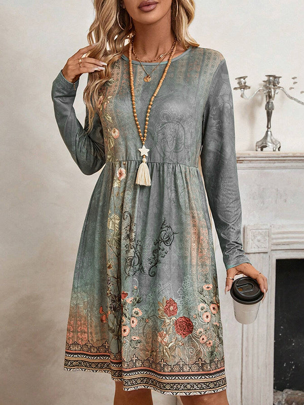 A-line Long Sleeves Flower Print Pleated Split-Joint Round-neck Mini Dresses