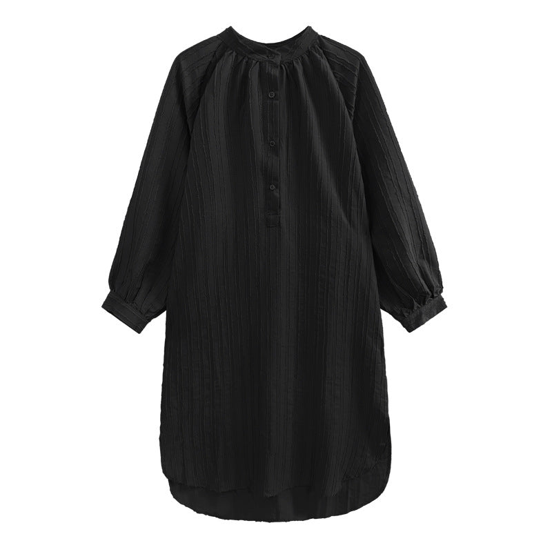 Asymmetric Striped Stand Collar Long Sleeve Midi Dress