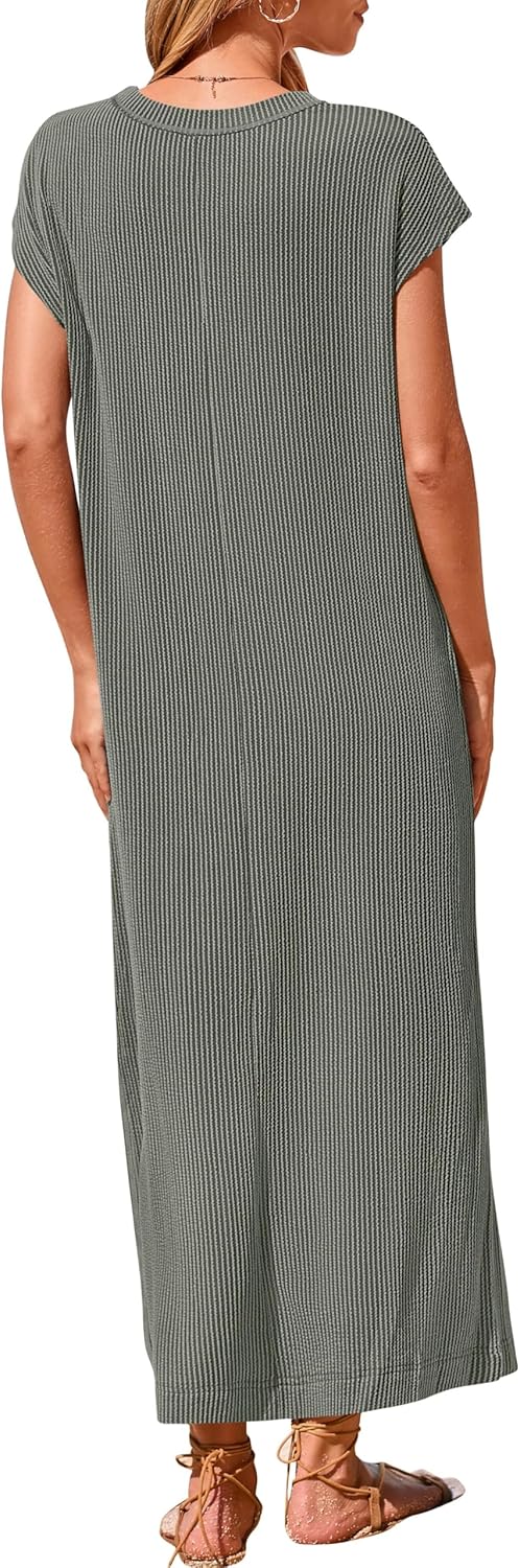 Women's  Ribbed Knit Henley Button Up Maxi Dress (Buy 2 Free Shipping)