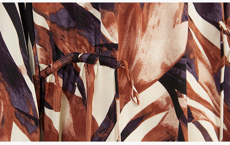 Casual Print Stand Collar Long Sleeve Midi Dress