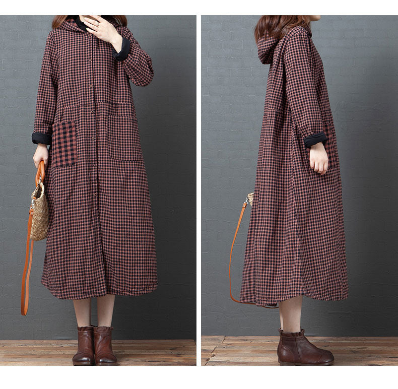 Loose Splicing Hooded Plaid Midi Dress