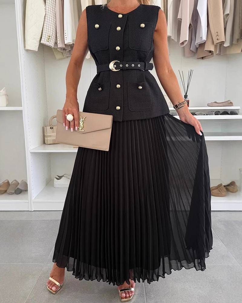 Small Chanel Vest Mesh Pleated Skirt Set