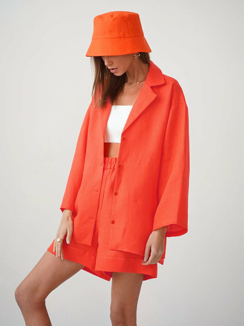 Cotton shorts suit women's lapel loose single-breasted Shirt high waist straight pants two-piece set