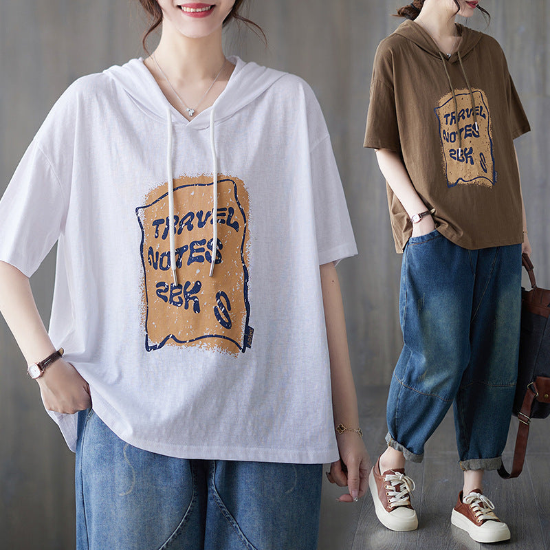 Casual Printed Hooded Short Sleeve T-shirt