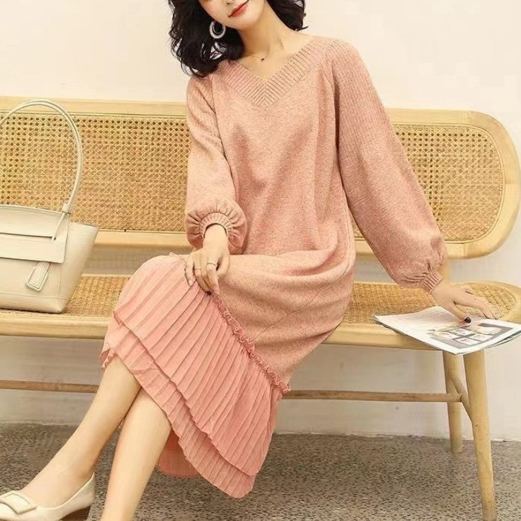 Loose Splicing V-Neck Long Sleeve Sweater Dress