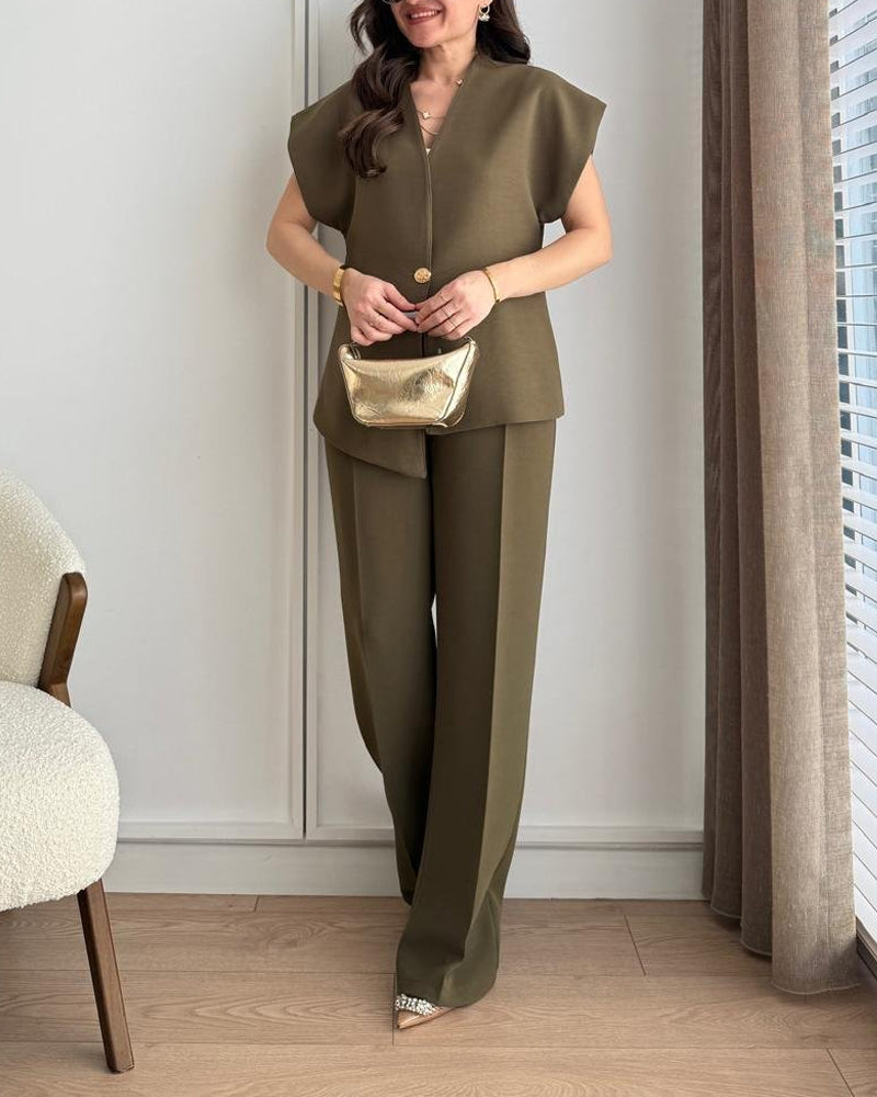 Fashion Commuter Asymmetrical Top & Pants Two-Piece Set