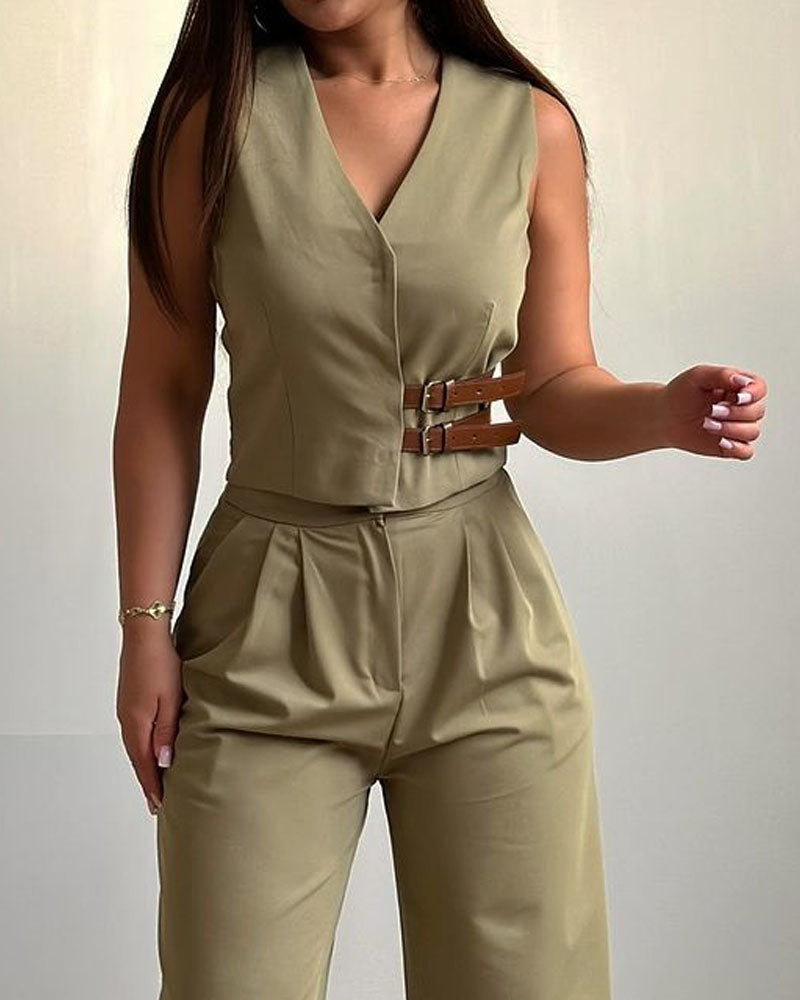 Fashion V-Neck Vest & Pants Two-Piece Set