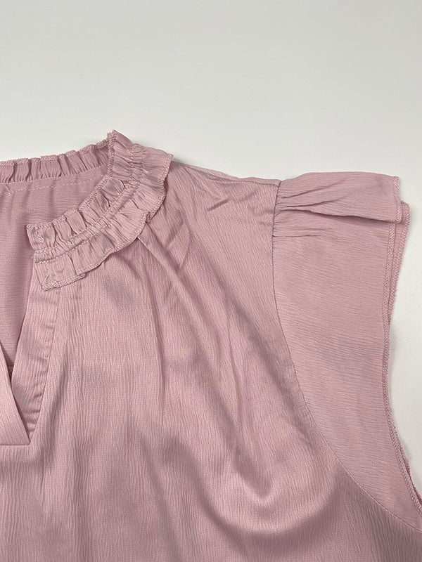 Loose Ruffle Sleeves Pleated Solid Color V-Neck T-Shirts Tops