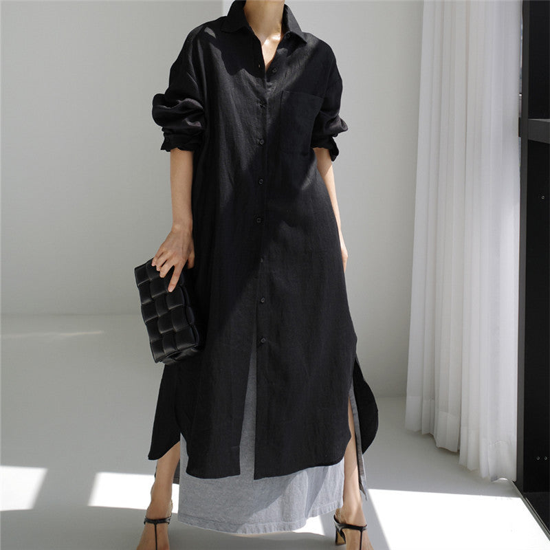 Simple Cotton Linen Long Sleeve Midi Dress