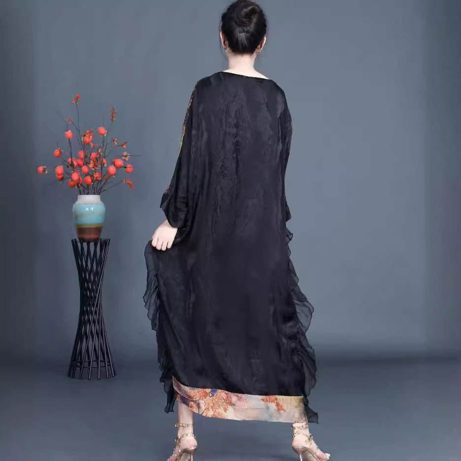 Vintage Jacquard Splicing Bat Sleeve V-Neck Maxi Dress
