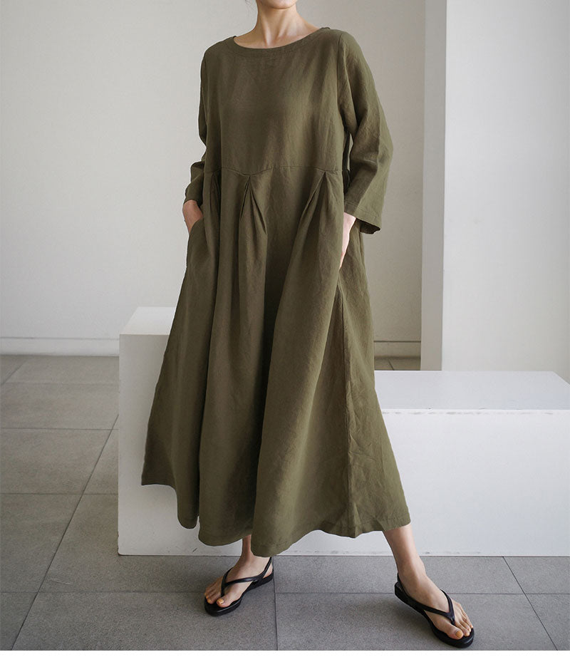 Simple Cotton Linen Style Long Sleeve Maxi Dress