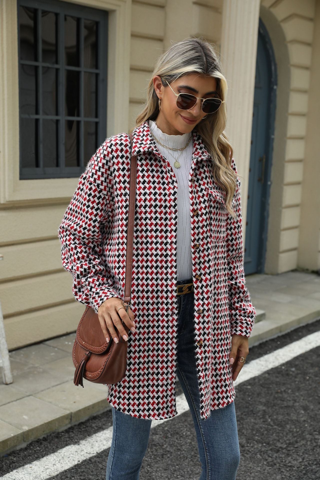 Autumn and Winter houndstooth polo collar top mid-length woolen coat for women