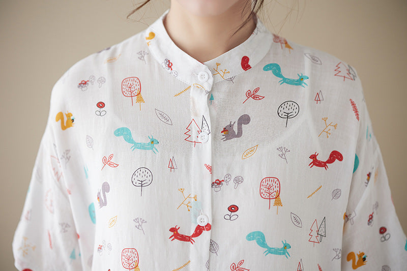 Literary Print Stand Collar Short Sleeve Midi Dress