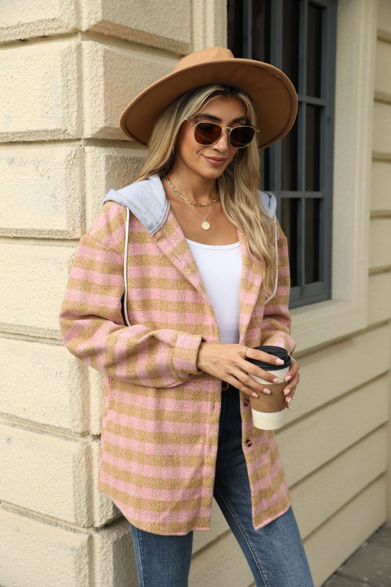 Autumn and Winter new women's hooded Plaid stitching top single-breasted woolen coat