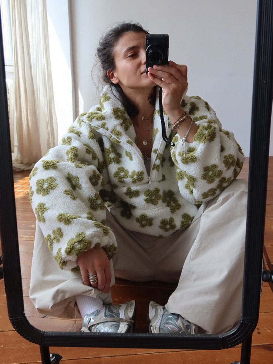 Polar fleece flower hoodie, European and American 2025 autumn and winter new fashion hoodie, warm woolen hoodie, women's sweater