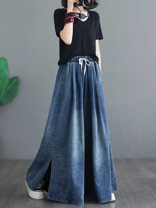 Loose Wide Leg Drawstring Split-Side Jean Pants Bottoms Trousers