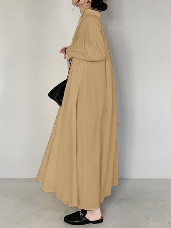 Solid Color Loose Long Sleeves Lapel Maxi Shirt Dresses