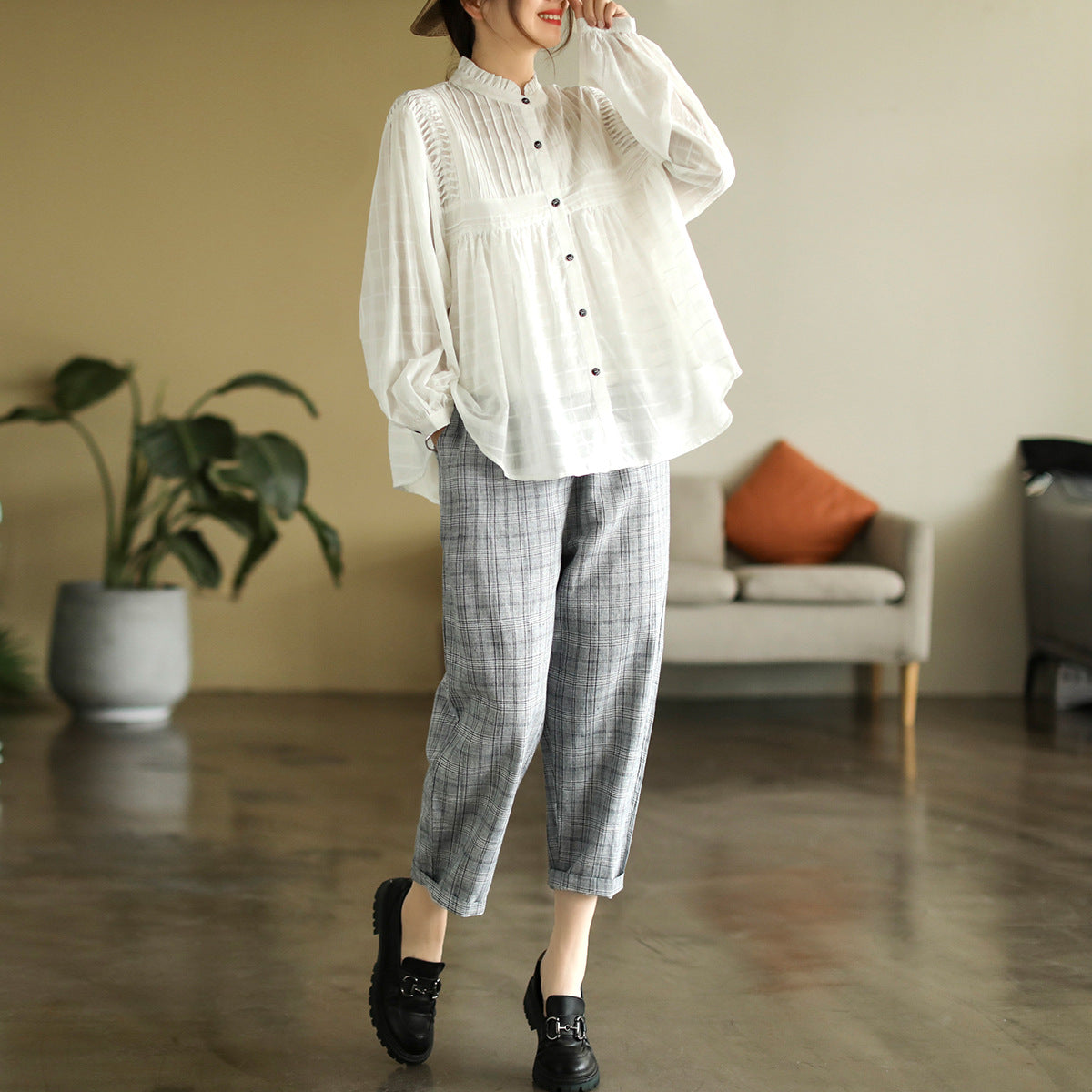 Literary Splicing Bubble Sleeve Cotton Shirt