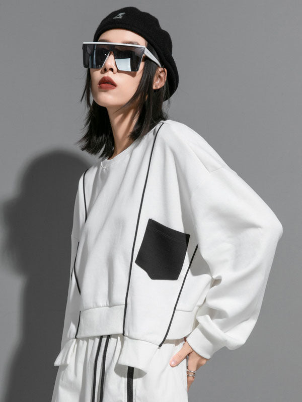 Original Creation Loose Batwing Sleeves Contrast Color Split-Joint Round-Neck Sweatshirt Tops