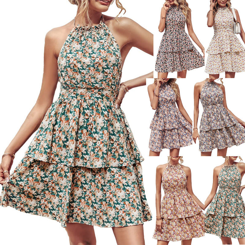 New hot selling hanging neck backless printed sleeveless dress for cross-border women's wear
