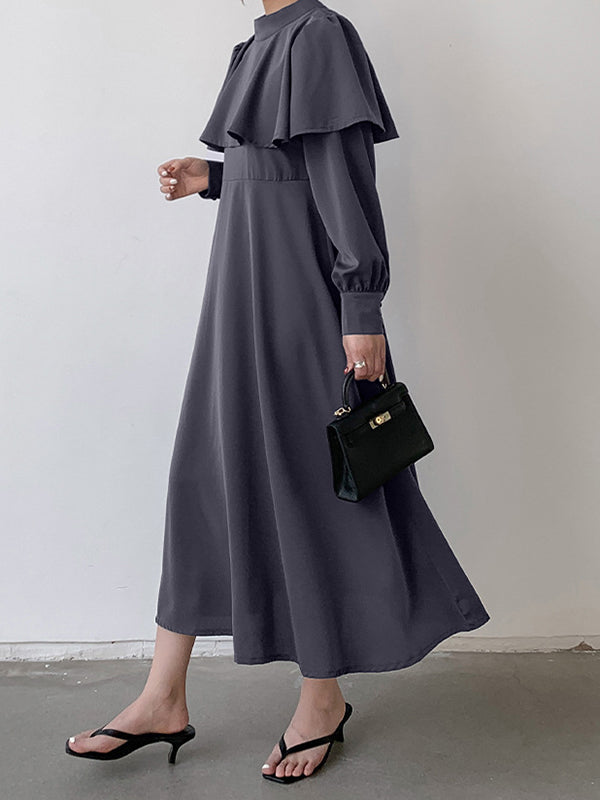 A-Line Long Sleeves Ruffle Trim Solid Color Tied Waist Mock Neck Midi Dresses