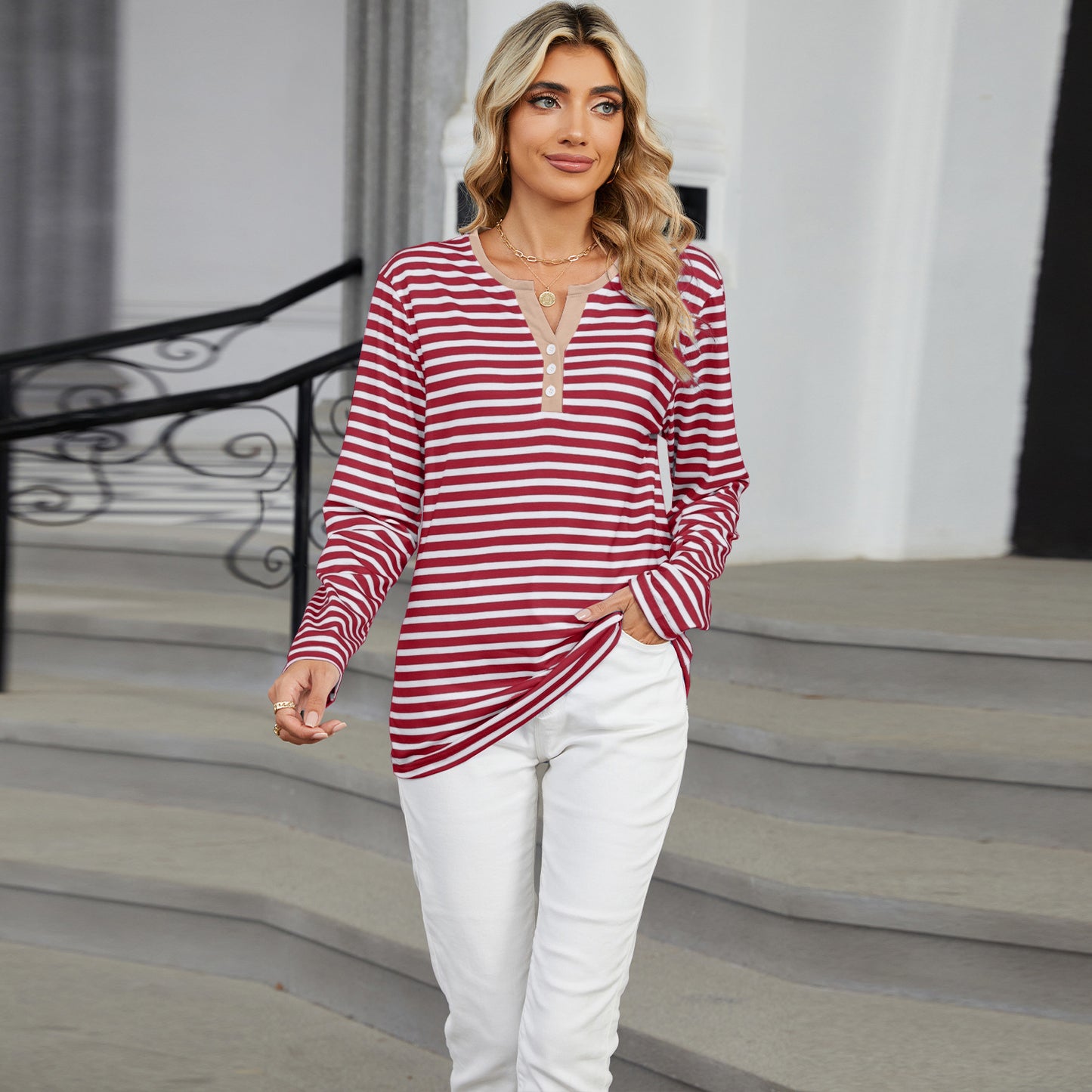 Autumn and winter New V-neck contrast color striped loose long sleeve women's T-shirt tops