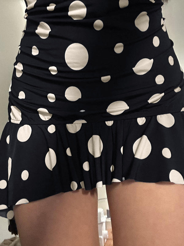Sleeveless Contrast Color Pleated Polka-Dot Spaghetti-Neck Mini Dresses