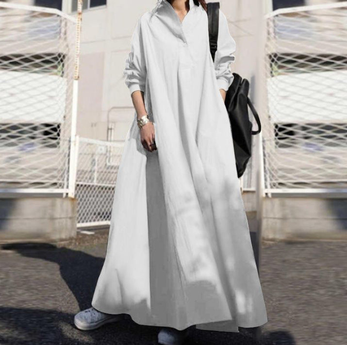 Urban Style Cotton Linen Long Sleeve Maxi Dress