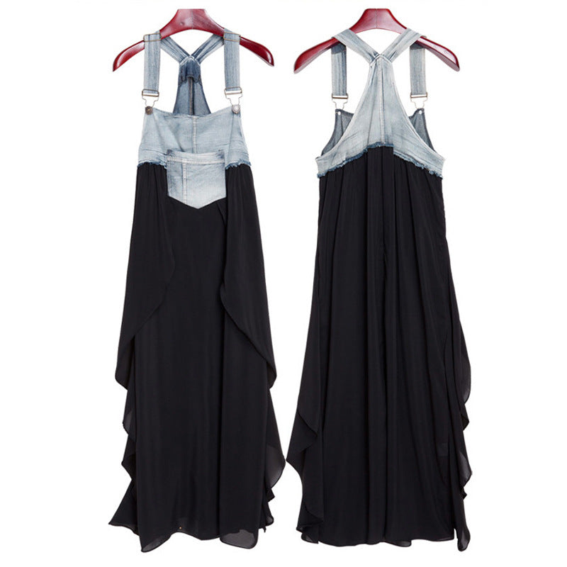 Loose Denim Splicing Suspender Maxi Dress