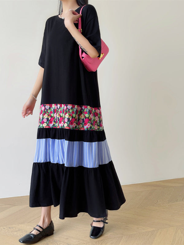 Literary Colorblocking Short Sleeve Midi Dress