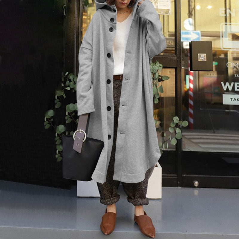 Loose Solid Color Buttoned Hooded Windbreaker Coat
