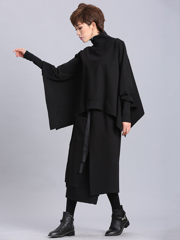 Solid Color Asymmetric High-Neck Loose Batwing Sleeve Sweatshirt