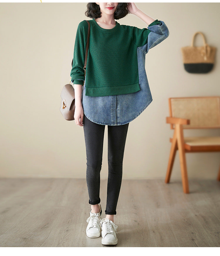Loose Splicing Round Neck Long Sleeve Fake Two Pieces Sweater