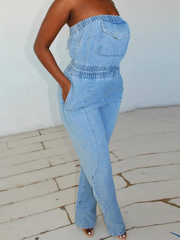 Sleeveless Straight Leg Elasticity Pleated Pockets Split-Joint Tube Jumpsuits