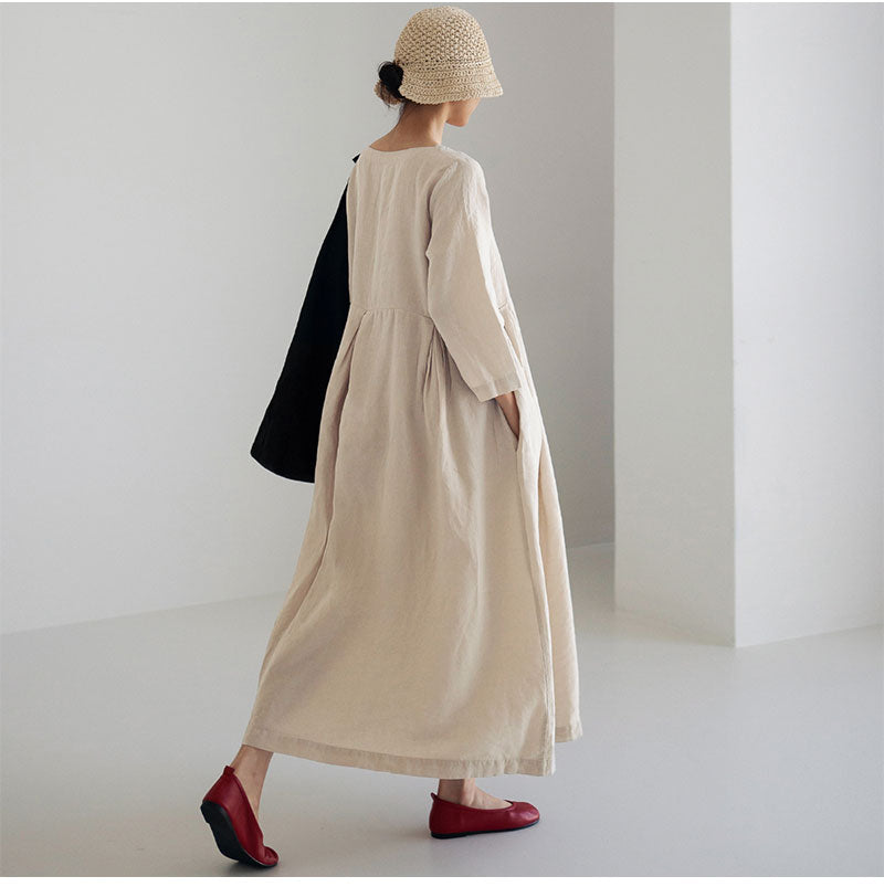 Simple Cotton Linen Style Long Sleeve Maxi Dress