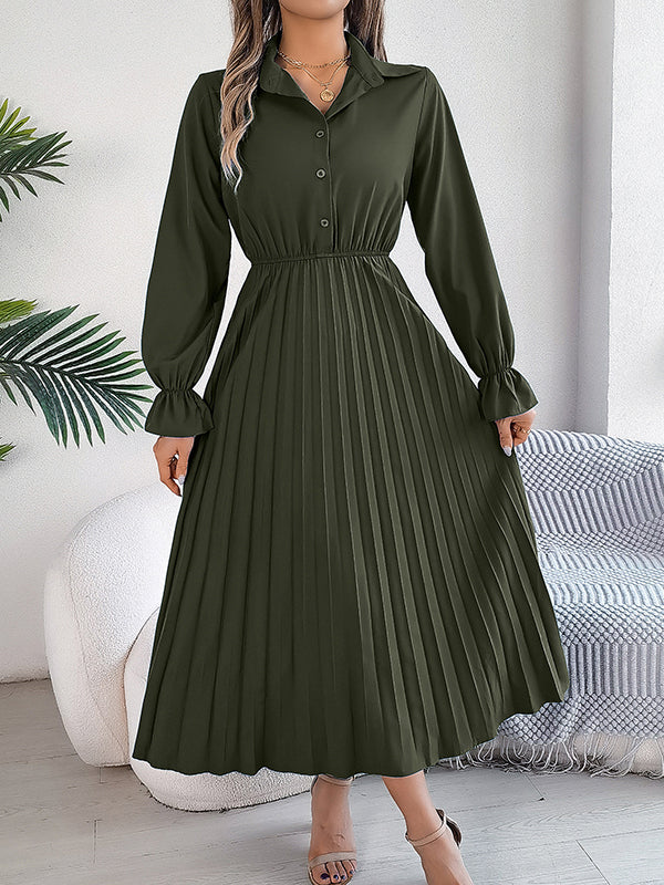 A-Line Flared Sleeves Buttoned Elasticity Pleated Solid Color Lapel Maxi Dresses