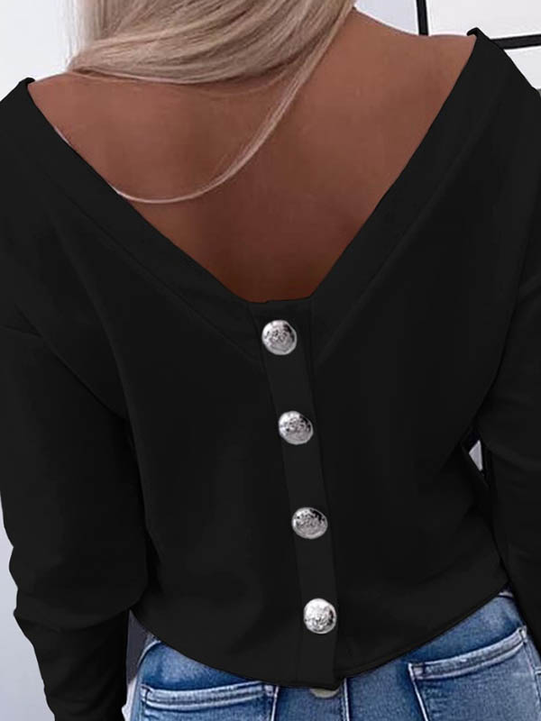 Long Sleeves Loose Buttoned Solid Color Round-Neck T-Shirts Tops