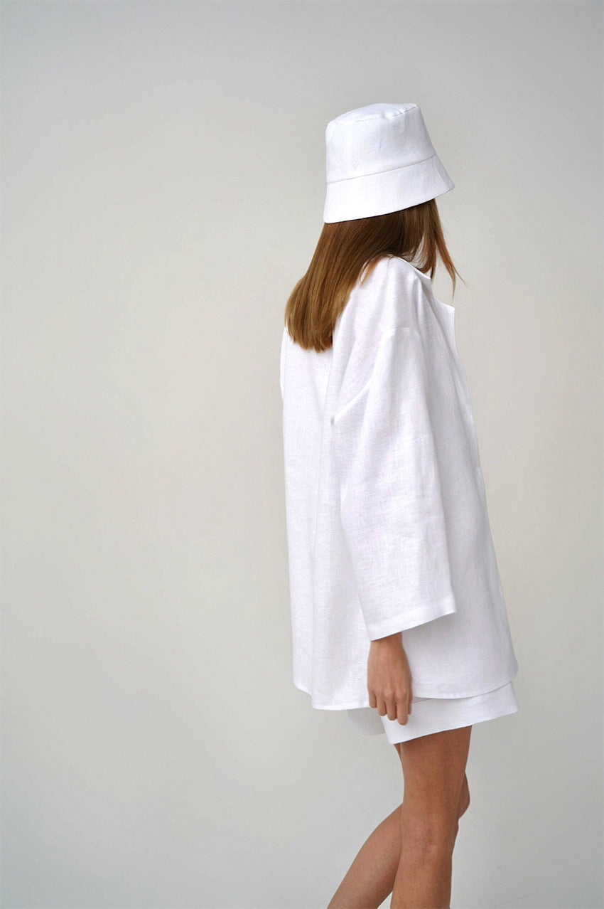 Cotton shorts suit women's lapel loose single-breasted Shirt high waist straight pants two-piece set