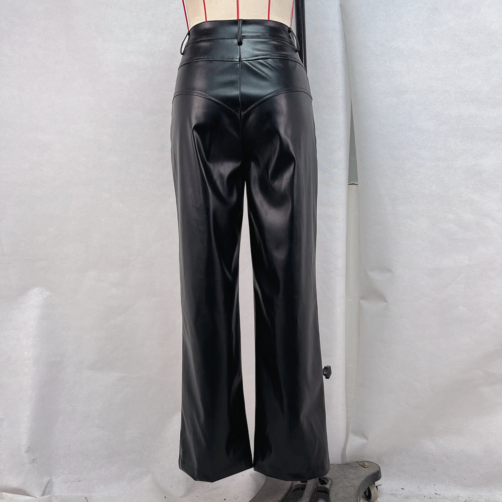 Autumn and Winter high waist leather stitching trousers for women casual straight pants leather pants