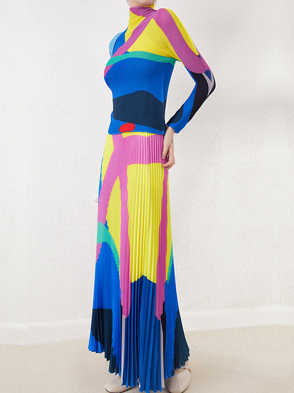 A-Line Loose Contrast Color Pleated Skirts Bottoms