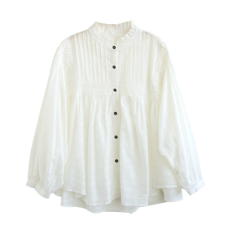 Literary Splicing Bubble Sleeve Cotton Shirt