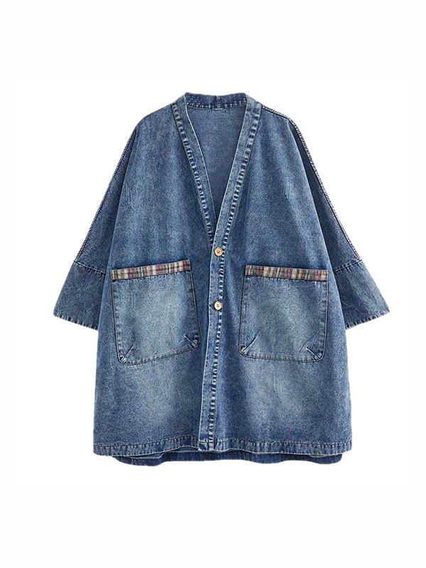 Long Sleeves Loose Buttoned Plaid Pockets Split-Joint V-Neck Denim Outerwear