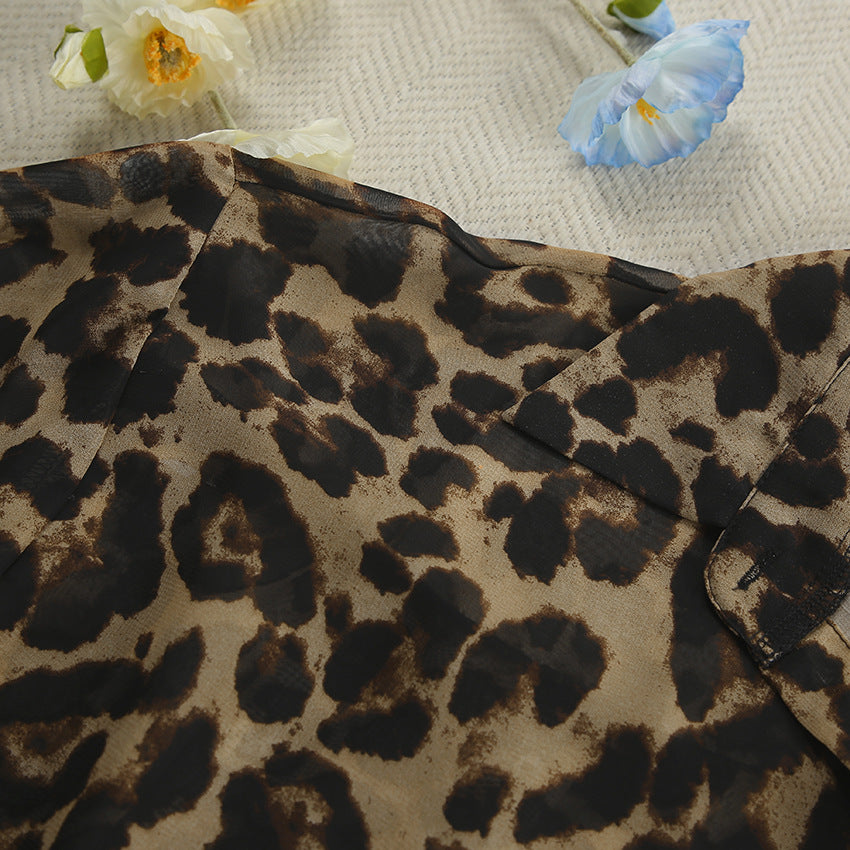 Fashion Leopard Print Long Sleeve Shirt & Shorts Two-Piece Set