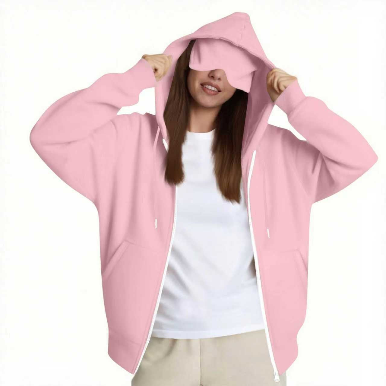 2025 European and American solid color women's autumn and winter hooded cardigan with eye patch zipper sweater