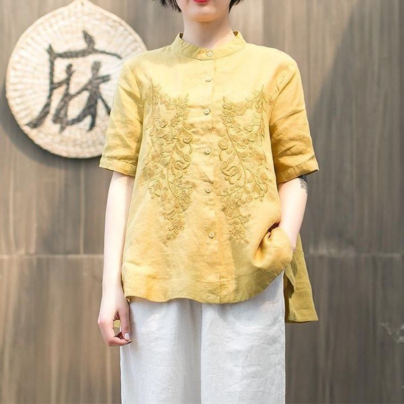 Loose Cotton Embroidered Short Sleeve Stand Collar Shirt